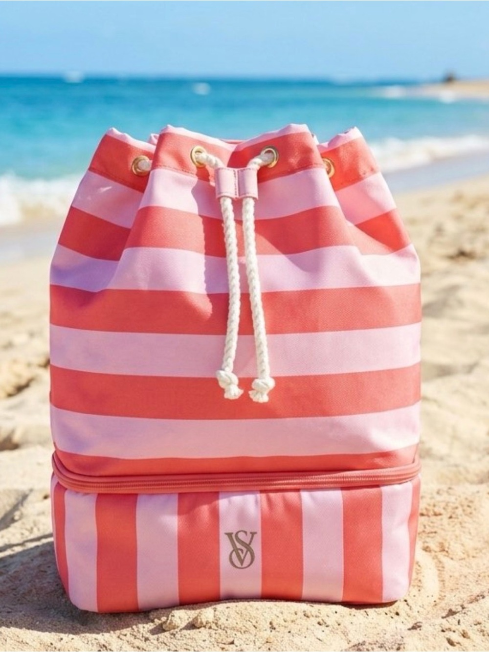Victoria's Secret Pink & Coral Striped Drawstring Cooler Backpack – NWT